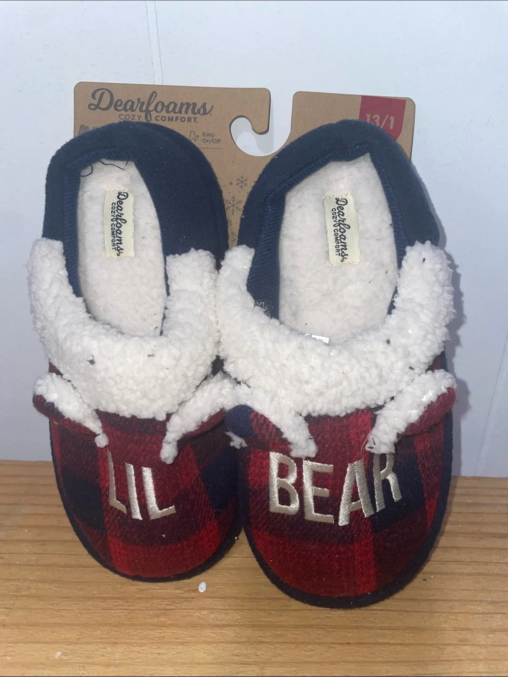 dearfoams Red and Black Plaid Sherpa-Lined 'Lil Bear' Slippers